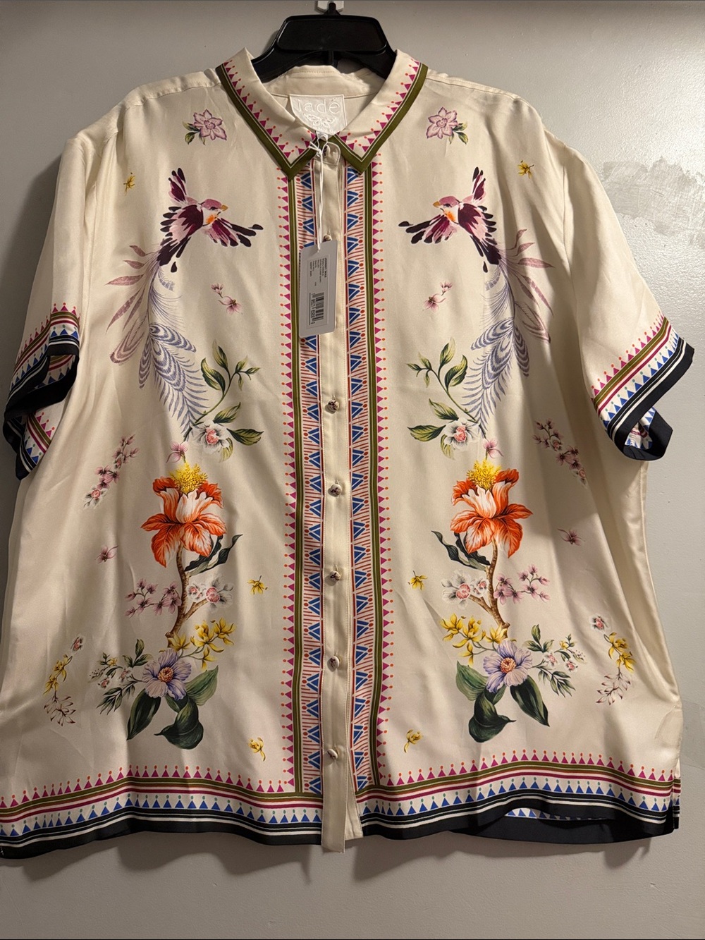 NWT 30% SILK Johnny Was Embroidered Bird & Floral Button-Up Shirt — Cream